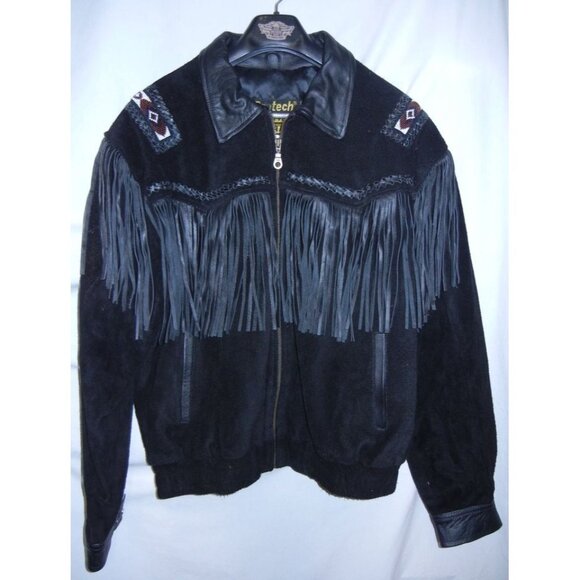 Protech Leather Apparel Mens Leather Jacket Sz 46 Black Tassels Western Cowboy b - Picture 1 of 7